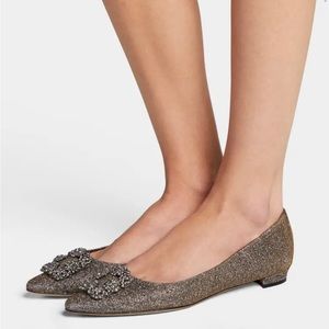 Manolo Blahnik Hangisi Metallic Fabric Buckle Flat